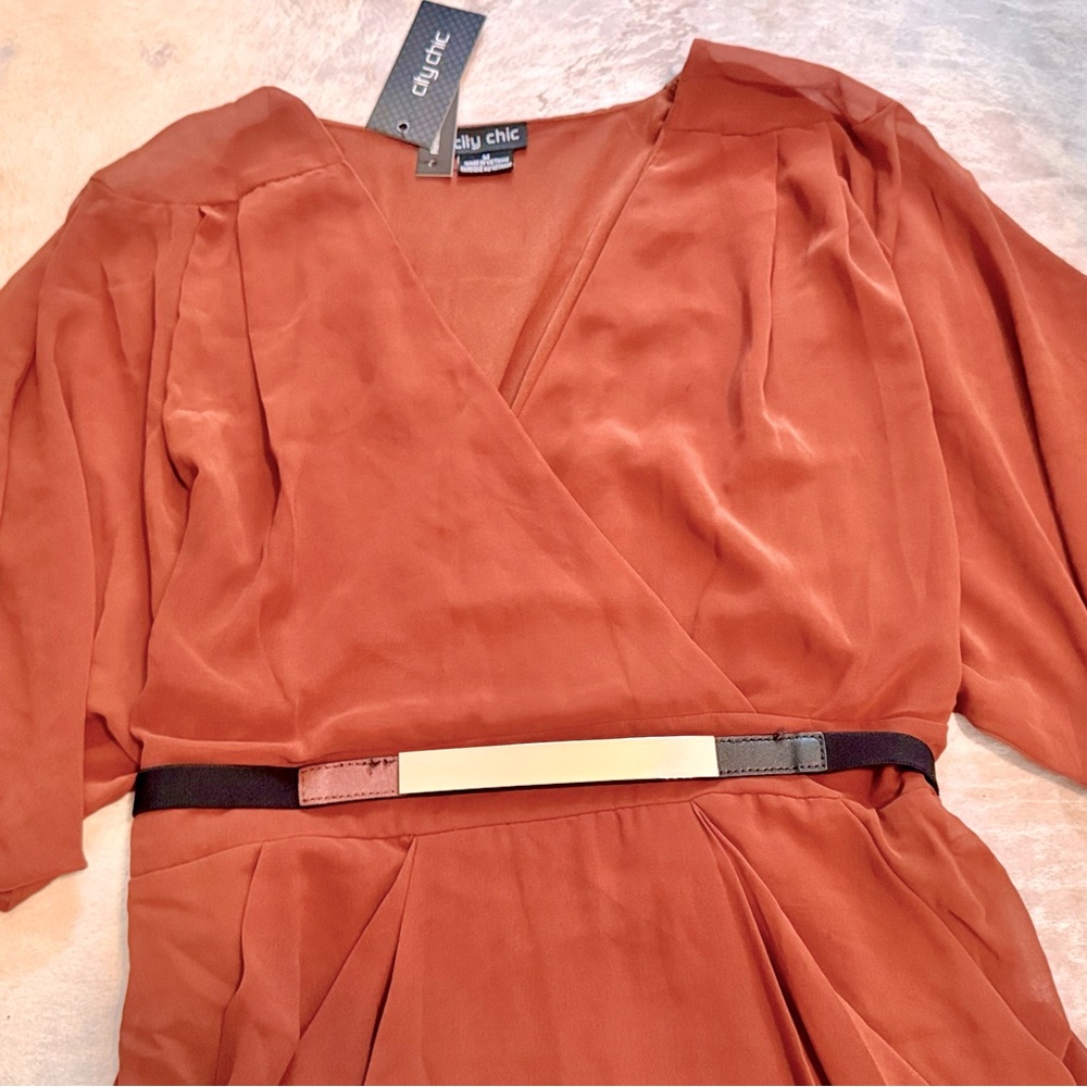 CITY CHIC Draped Faux Wrap Mini Dress w Belt - Rust Orange - Picture 8 of 16